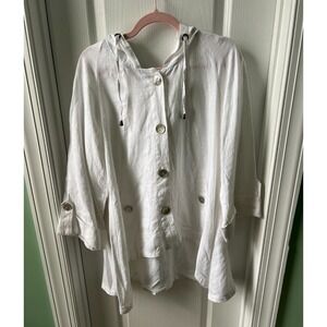 Sigrid Olsen White 100% Linen Hooded Jacket Abalone Shell Buttons Lagenlook Sz L